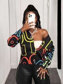 BamGleam 女士时尚字母涂鸦印花深 V 领长袖休闲宽松针织开衫 - 藏蓝色 - 查看 4