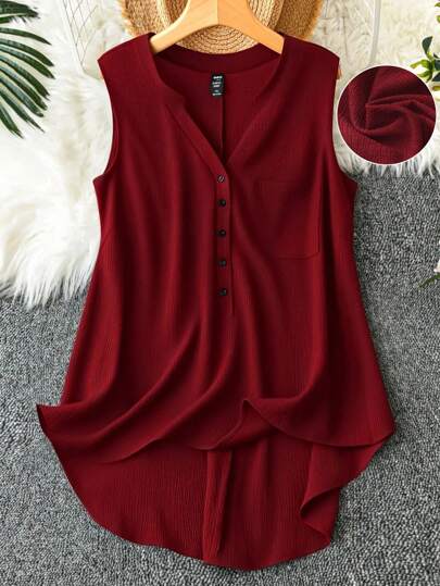 EMERY ROSE Plus Size Solid Color Notched Neck Button Casual Sleeveless Shirt