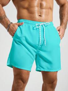 Manfinity KASUA Men's Solid Color Pocket Drawstring Waist Beach Shorts, Suitable For Summer Teal Swim Trunks Men Swim Trunks Drawstring, Holiday - Mint Blue - View 5