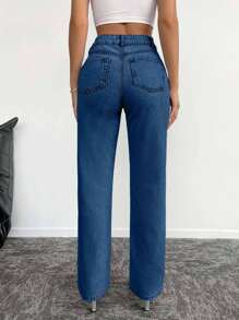 EURMUSE Women's Casual Washed Rhinestone Straight Leg Jeans - Dusty Blue - View 2