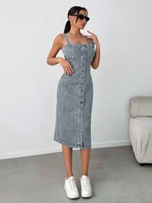 EURMUSE Slant Pocket Button Front Overall Denim Midi Dress - Blue - View 4
