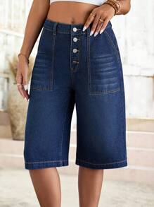 EMERY ROSE 新款女士牛仔高腰五分裤多排扣宽松直筒五分裤深蓝色日常休闲装 - 深色水洗藍 - 查看 8