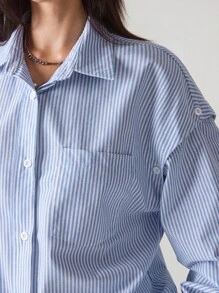 LYSMO 2件套女士休闲通勤条纹衬衫和短裤 - 藍色 - 查看 6