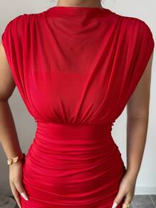 Elenzga New Fashionable Solid Red Mini Stand Collar Sleeveless Sexy Hollow-Out Mesh Splice Pleated A-Line Maxi Dress For Women, Suitable For Graduation Party, Holiday, Date - Red - View 3