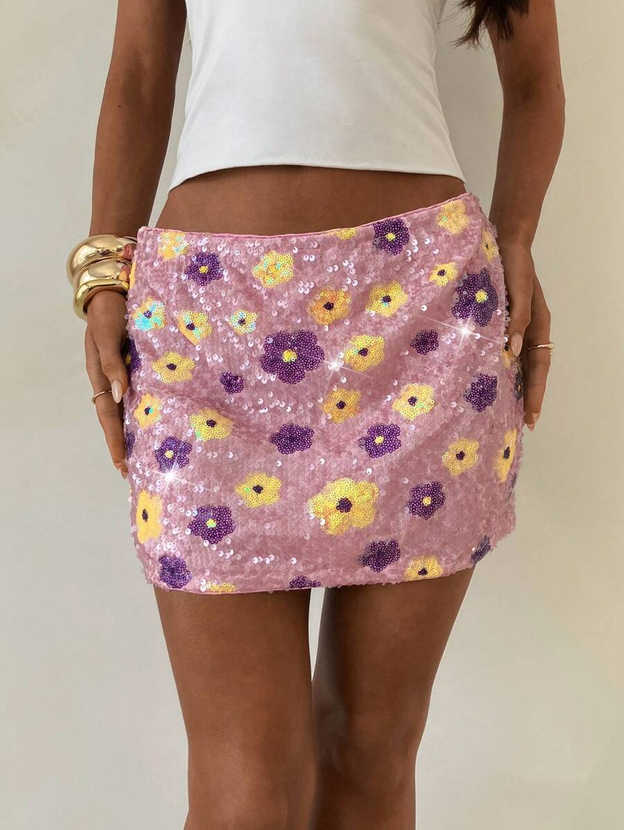 Aloruh Women's Summer Side Zipper Floral Sequin Embellished A-Line Skirt - Multicolor - View 1