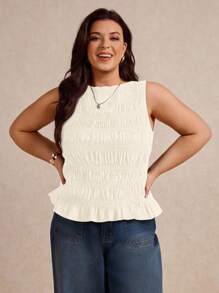 Elaquor Plus Size Women Solid Color Ruffle Hem Casual Tank Top,Going Out Tops,Holiday Spring To Summer - Beige - View 7