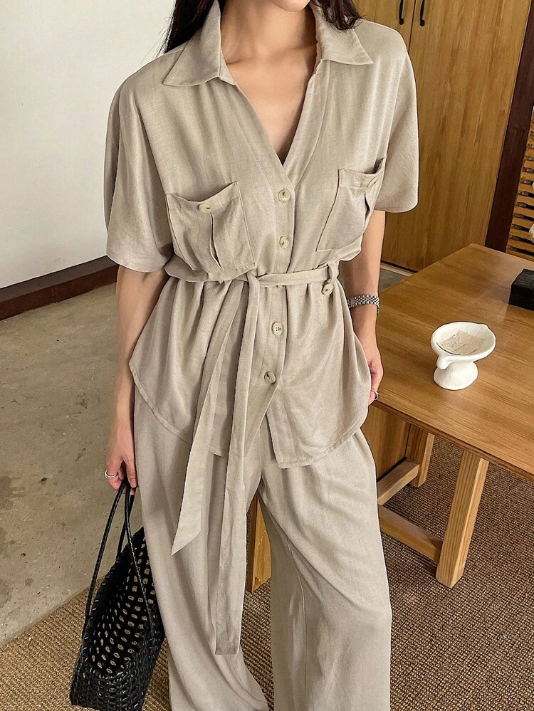 2pcs/Set Women Summer Short Sleeve Cinched Waist Top And Loose Casual Wide Leg Pants Co-Ord Set