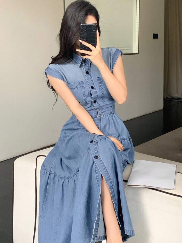 Women's Summer Turndown Collar Short Sleeve Belted Bowknot Denim Cake Dress, Casual Skater Dress