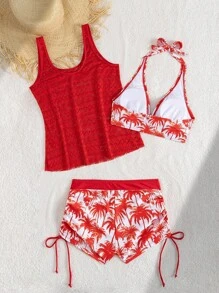 Swim Lushoire Set de 3 piese pentru vacanță la plajă: slip de baie cu imprimeu de cocos în V adânc, kimono transparent croșetat și top de bikini triunghiular, stil matur - roșu - Vizualizare 4