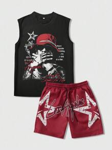 ROMWE MEN Street Life Men's Hip Hop Portrait & Pentagram Print Tank Top And Sports Shorts - Multicolor - View 1