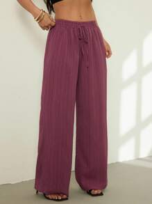SHEIN PETITE 女士休闲纯色纹理面料抽绳腰斜口袋阔腿宽松裤 - Bold Plum - 查看 1
