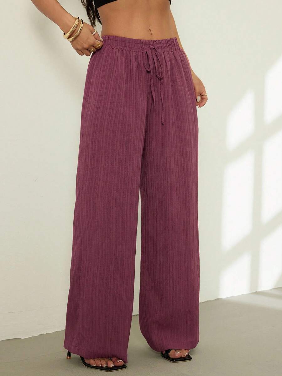 SHEIN PETITE 女士休闲纯色纹理面料抽绳腰斜口袋阔腿宽松裤 - Bold Plum - 查看 1