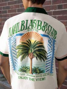 Manfinity RSRT 2025 男士夏季地图印花时尚短袖衬衫和短裤两件套度假套装，度假沙滩装，迈阿密服装，舒适服装 - 白色 - 查看 2