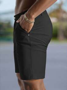 Manfinity Mode Men's Solid Color Simple Slim Fit Stylish Casual Shorts, Valentine's Day Shorts - Black - View 3