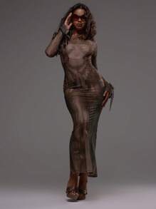 MUSERA Printed Mesh Fitted Flare Sleeve Detail Maxi Dress Sexy Boho Ibiza Festival Holiday Summer Vacation Cute Elegant ,Fall, Winter - Coffee Brown - View 1