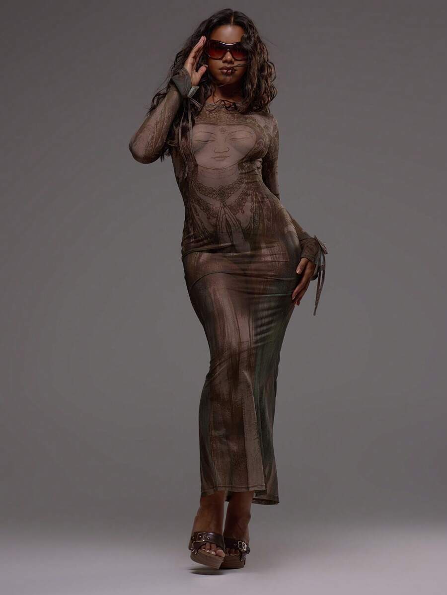 MUSERA Printed Mesh Fitted Flare Sleeve Detail Maxi Dress Sexy Boho Ibiza Festival Holiday Summer Vacation Cute Elegant ,Fall, Winter - Coffee Brown - View 1