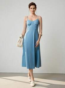 Uhlyne 女士优雅性感细肩带亚麻 A 字中长连衣裙 - 藍色 - 查看 6