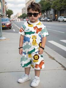 SHEIN 2pcs/Set Young Boy Casual Cartoon Tiger Print Round Neck Short Sleeve Shorts Set, Summer - Multicolor - View 1