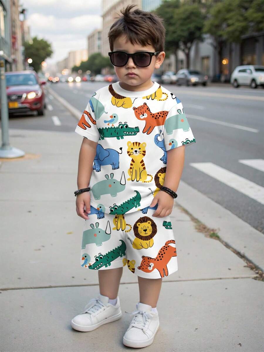 SHEIN 2pcs/Set Young Boy Casual Cartoon Tiger Print Round Neck Short Sleeve Shorts Set, Summer - Multicolor - View 1