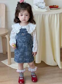 Hapijoa Baby Girl Star Print Casual Denim Pinafore Dress, Summer - Blue - View 5