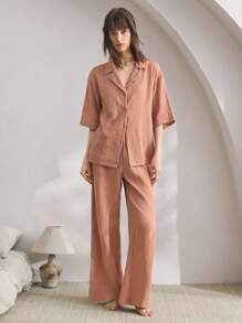 Ocili Bộ đồ ngủ cotton thường ngày dành cho nữ có cổ, trang phục - Rỉ Nâu - Xem 3