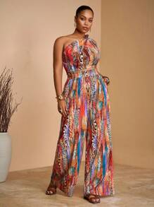 Veslaya 2025 夏季新款西部波西米亚风格休闲日常/度假/邮轮度假海滩日光浴病毒式无袖扭肩短款上衣和阔腿宽松裤套装，加大码 - 彩色 - 查看 4