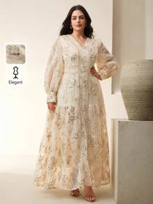 Anewsta Women's Elegant Vacation V-Neck Long Sleeve Hollow Dress With Sequin Texture - Apricot - View 1