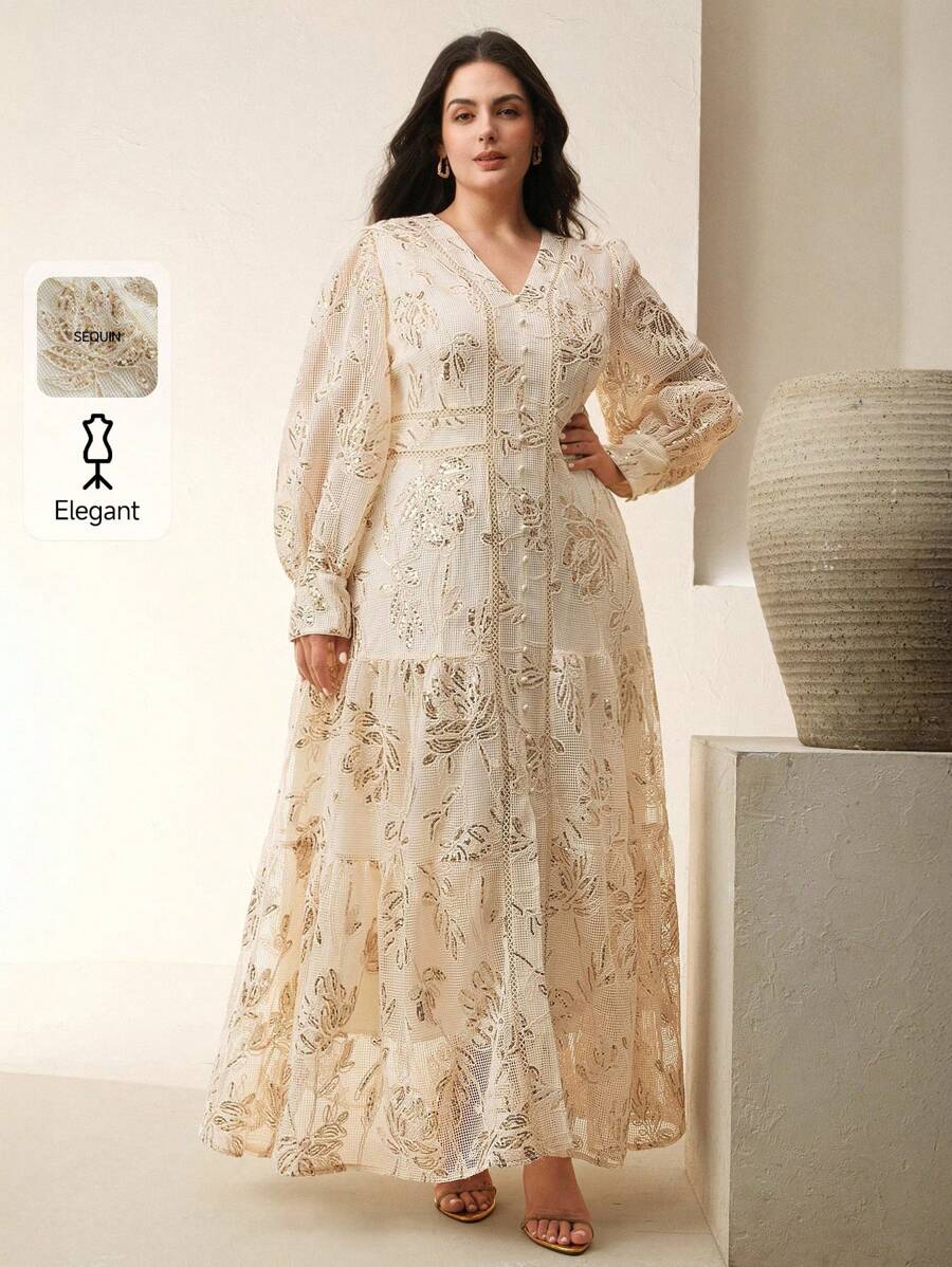 Anewsta Women's Elegant Vacation V-Neck Long Sleeve Hollow Dress With Sequin Texture - Apricot - View 1