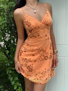 SHEIN EZwear Đầm mini thêu họa tiết sequin chắp vá màu trơn cho nữ - trái cam - Xem 5