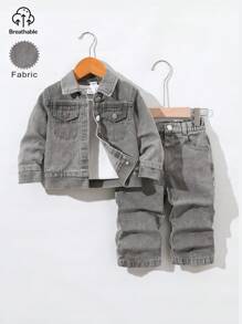 Bộ đồ denim thường ngày cho bé trai/bé trai, quần denim màu xám rách có cạp chun, túi thật, trang phục thời trang, quần denim giặt có cạp chun thoải mái, thích hợp mặc ngoài trời, mùa xuân, mùa hè, mùa thu, mùa đông - Xám - Xem 3