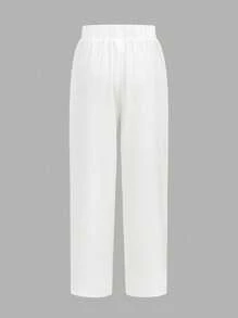 SHEIN Teen Girl Comfortable Simple Loose Contrast Elastic Waist Stripe Printed Wide-Leg Pants White Tube Top Blue Stripe Cropped Long Sleeve Shirt 3 Pieces Set - Blue and White - View 10