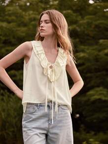 Lumivelle Elegant Flouncing Sleeveless Blouse, Solid Color, Summer - Apricot - View 3