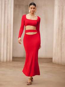 SHEIN Unity Áo len bó sát gợi cảm dài tay cho nữ có thiết kế băng đô, váy maxi cạp cao màu trơn theo phong cách châu Âu và Mỹ, màu đỏ - Đỏ - Xem 1