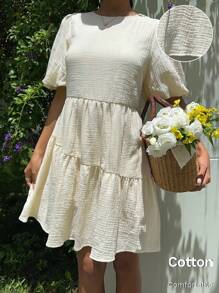 SHEIN EZwear Fall Clothes  Casual Bubble Skirt Solid Color Lantern Sleeve Dress - White - View 4