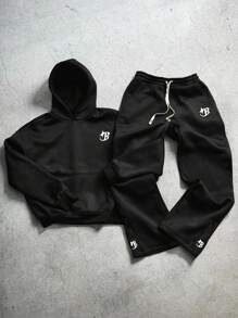 PAVTROS 男士 INS 配星印花基本款裤子，带侧拉链，休闲街头服饰，男友/丈夫礼物，周年纪念礼物，时尚连帽衫套装，男士慢跑套装，黑色两件套男士，运动套装 - 黑色 - 查看 2