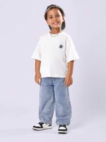 SUMWON Double Knee Wide Leg Denim Pants Streetwear Fashion Japanese Style Baggy Loose Fit Kids Trousers Fall Winter Casual Everyday Urban Wear