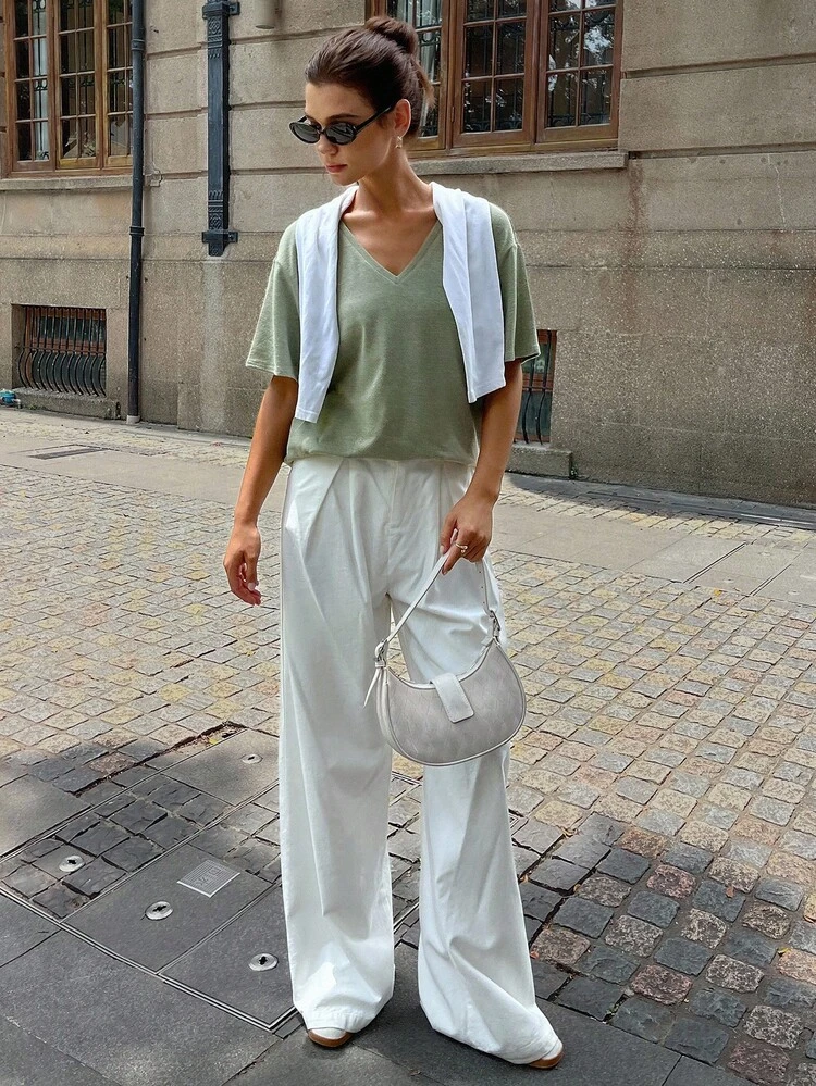 Women's V-Neck Plain Casual City Short Sleeve T-Shirt, Summer,Teacher