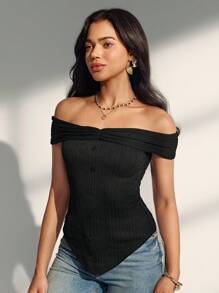 Almamuse 女士休闲纯色性感修身露肩上衣 - 黑色 - 查看 5