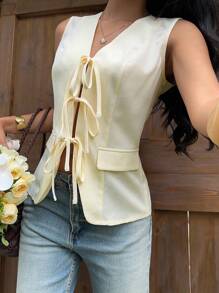 Sunnyshic Textured Bamboo Stripe Tie-Front Sleeveless Women Jacket - Yellow - View 5