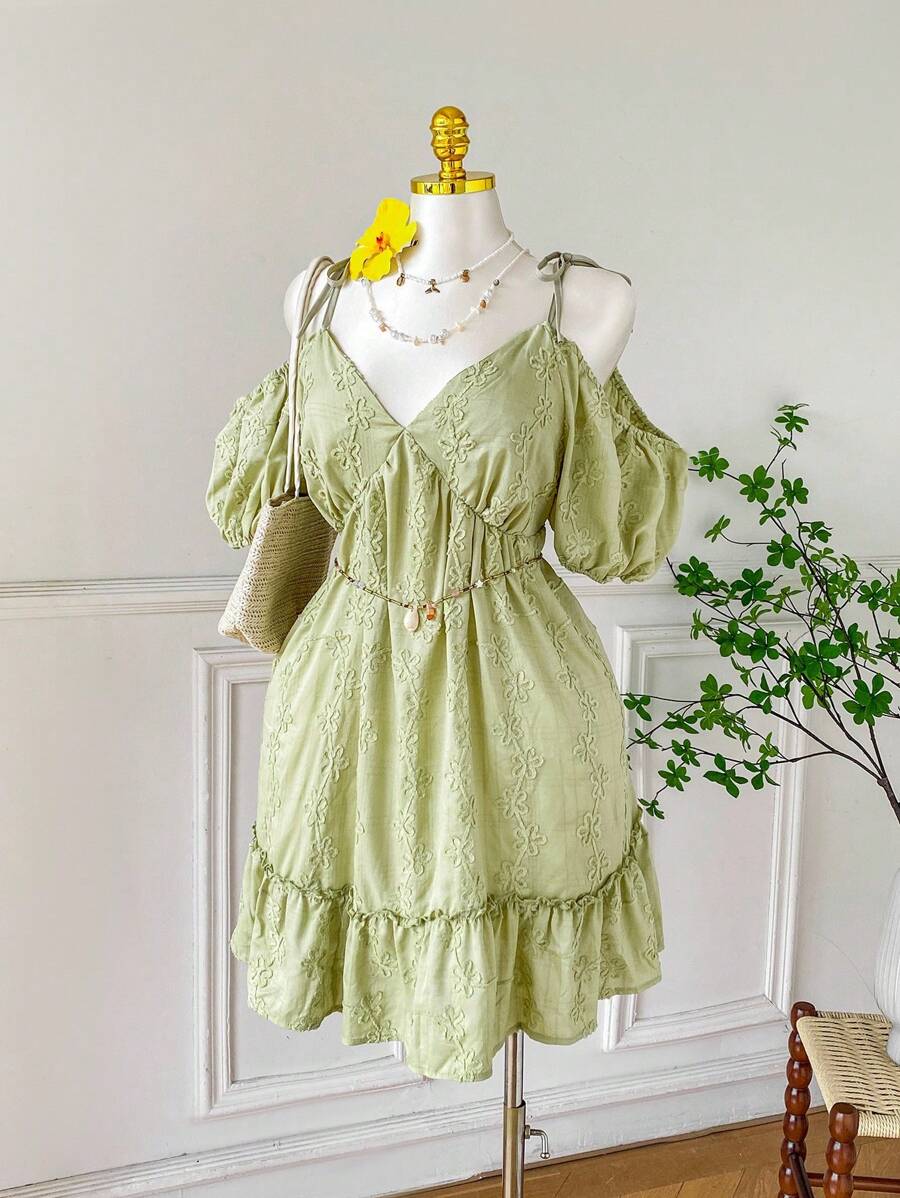 SHEIN EZwear Damen Große Größen Kleid aus strukturiertem Stoff mit Bindeträgern und Puffärmeln, salbeigrün, für Lässig/Party/Alltag - Grün - Übersicht 1
