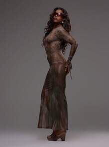 MUSERA Printed Mesh Fitted Flare Sleeve Detail Maxi Dress Sexy Boho Ibiza Festival Holiday Summer Vacation Cute Elegant ,Fall, Winter - Coffee Brown - View 4