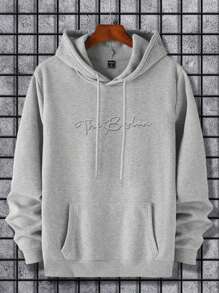 Manfinity Joysei 男士休闲日常字母图案压花印花口袋抽绳连帽衫运动衫灰色连帽衫男士连帽衫休闲波士顿连帽衫男士连帽衫