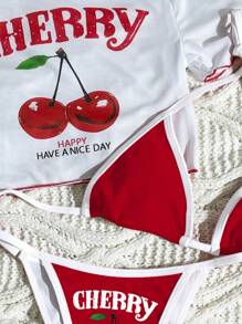 Swim Mod 3pcs Women's Surfing Suit Set, Cherry Letter Print Strappy Bikini Swimsuit, Hollow Mesh Neck Short Sleeve Tee Cover Up & Knit Swimwear For Summer Beach Vacation