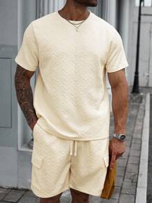 Manfinity CasualCool Conjunto casual de camiseta de manga corta con estampado de olas y rayas en relieve y pantalones cortos para hombre talla grande - Albaricoque - Ver 3