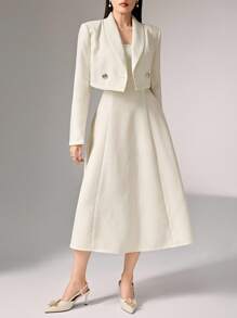 Heiryn 女士优雅纯色披肩领 3/4 袖夹克和无袖连衣裙套装秋冬 - 米色 - 查看 1