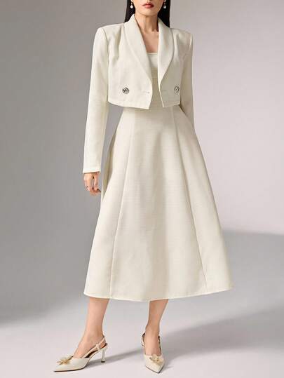 Heiryn 女士优雅纯色披肩领 3/4 袖夹克和无袖连衣裙套装秋冬