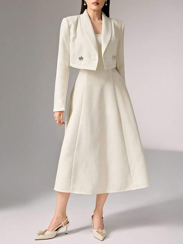 Heiryn 女士优雅纯色披肩领 3/4 袖夹克和无袖连衣裙套装秋冬