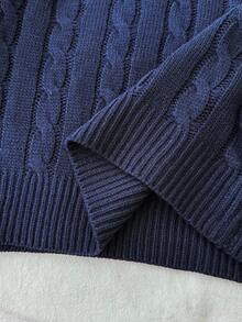 SHEIN 少女 V 领麻花针织长袖套头衫，撞色，学院风，休闲，基本款 - 寶藍色 - 查看 9