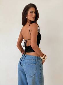 Aloruh 女式性感交叉带金属扣装饰黑色植绒印花衬衫 - 黑色 - 查看 3