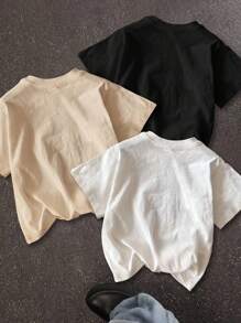 SHEIN Leap Crew 3件套青少年男童休闲简约卡通游戏机印花短袖圆领T恤，白色、黑色、卡其色可选，适合夏季穿着，棉混纺面料。 - 彩色 - 查看 2